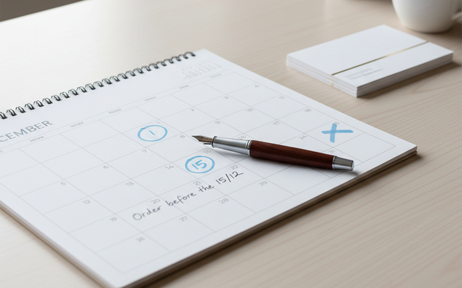 Calendrier de bureau avec stylo et note Order before the 15/12 pour planification commandes Noël