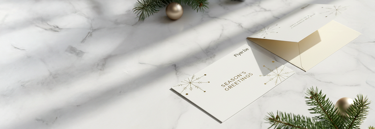 Cartes de vœux de Noël professionnelles sur papier premium posées sur un bureau d'entreprise, avec stylo et enveloppes prêtes à l'envoi.