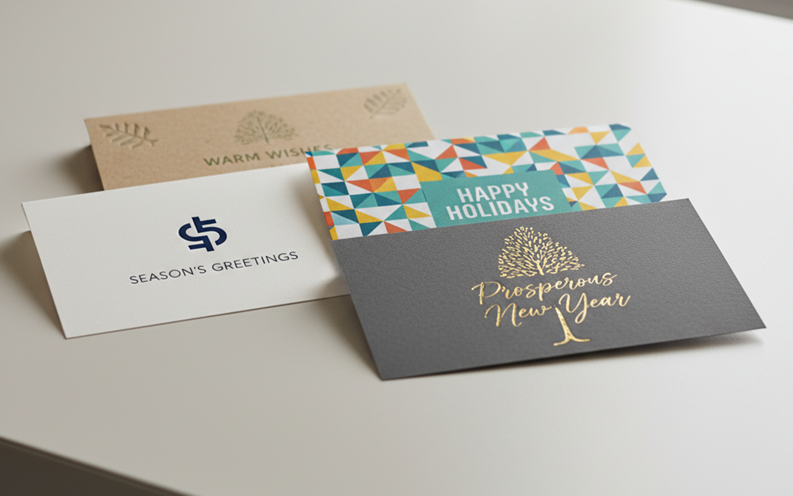 Collection de cartes de vœux entreprise : Season's Greetings, Happy Holidays, Prosperous New Year et Warm Wishes