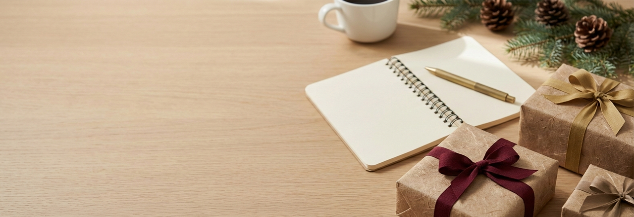 Bannière montrant des cadeaux de Noël d'entreprise imprimés et personnalisés avec sacs cadeau et emballages premium sur un bureau B2B.